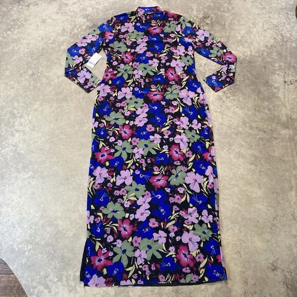 BAR III Dress Womens 0X Mock Neck Mesh Midi Floral Colorful Side Slit Unlined - Picture 5 of 11